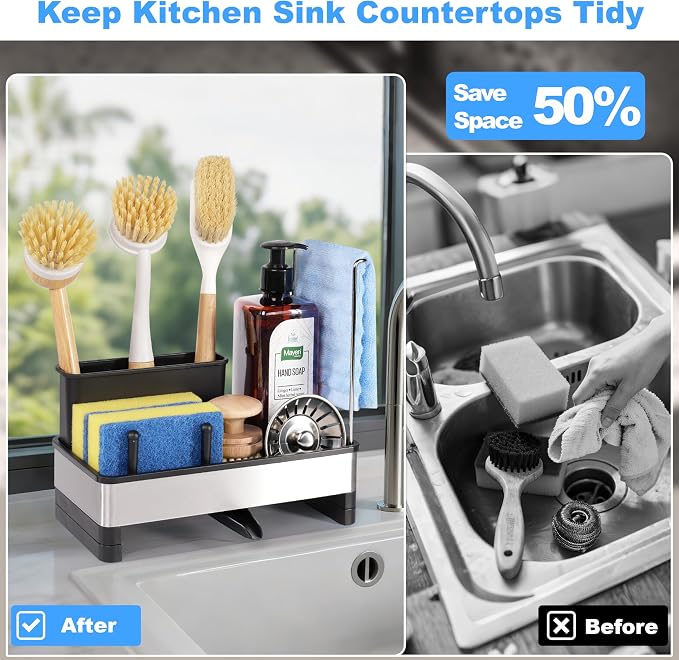 Sponge Holder for Kitchen Sink Caddy Organizer, Dish Brush Holder | Stainless Steel Sponge Caddy for Kitchen Countertop Organizer, Rustproof Dish Soap and Sponge Rack with Dishcloth Drying Rack