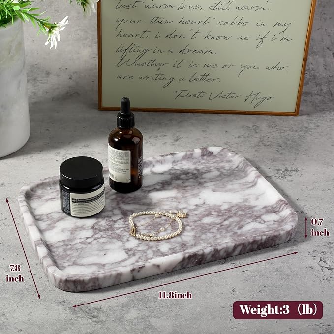 Karibiber Luxury Marble Vanity Tray, Bathroom Tray Countertop, Calacatta Marble/Stone, Home Decorative Dresser Organizer, Storage for Kitchen Sink, Perfume Jewelry Holder(Purple&White)