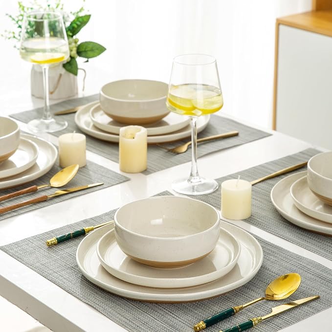 AmorArc Dinnerware Sets for 6, 24 Pieces Ceramic Plates and Bowls Set | Scratch Resistant Stoneware Dishes Set, Dishwasher & Microwave Safe, Light Beige