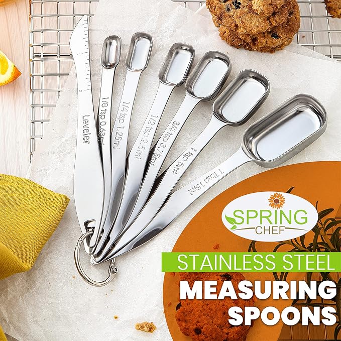 Spring Chef Nesting Stainless Steel Measuring Spoons Set of 7 with Leveler | Rectangular Metal Teaspoon & Tablespoon Measuring Spoons for Dry & Liquid Ingredients, Fits in Spice Jars, Long Handle