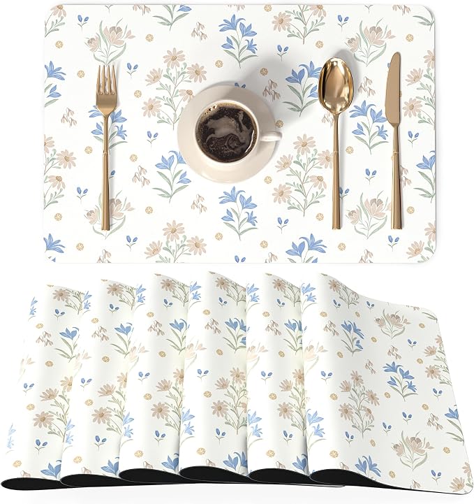 QIYI PU Leather Placemats Set of 6, 12"x18" Waterproof Table Mats, Floral | Faux Leather, Heat Resistant, Anti Slip, Wipeable Place Mats for Kitchen Dinning, Party Table Décor, Minimal Flowers