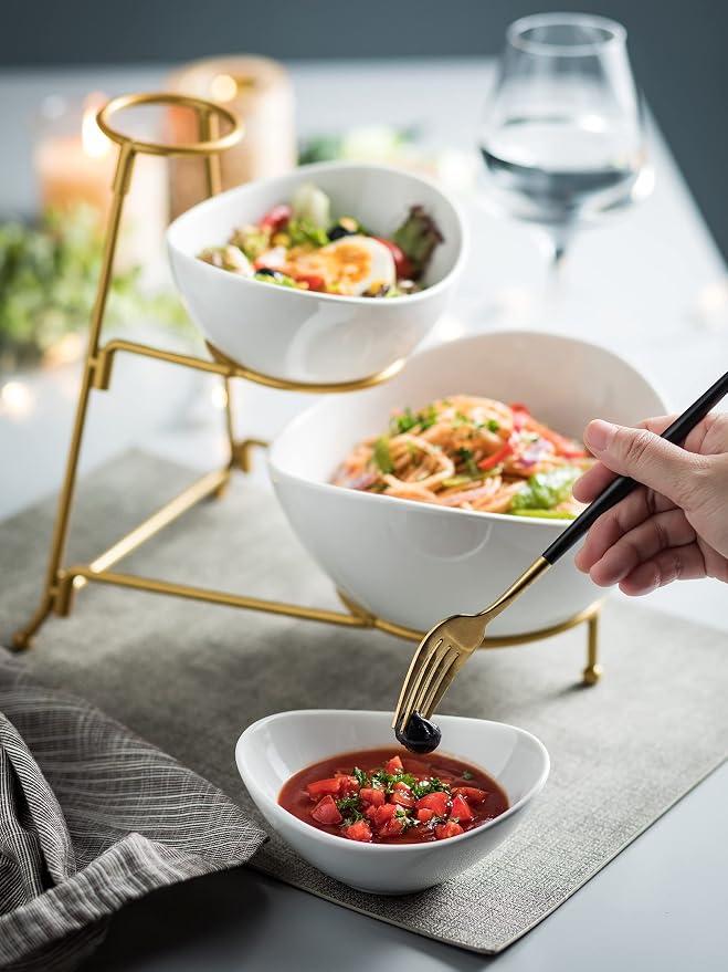 Miamolo 3 Tier Serving Bowls with Stand for Entertaining Party | Chips and Dip Serving Dishes Hosting Essentials | Ceramic Fruit Bowl for Salad Soup Snacks | Microwave & Dishwasher Safe