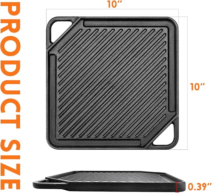 GGC Cast Iron Reversible Griddle | Double-sided Griddle Pan for Stove Tops and Gas Grills, 10"x 10" Square Baking Flat and Ribbed Griddle for Camping stoves