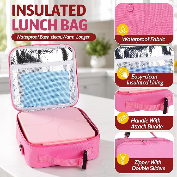 Bento Lunch Box Set with 8 oz Soup Thermo, Kids Leakproof 4 Compartments Hot Food Container with Sauce Cup, Ice Pack and Lunch Bag, Child Insulated Food Jar for School - Pink