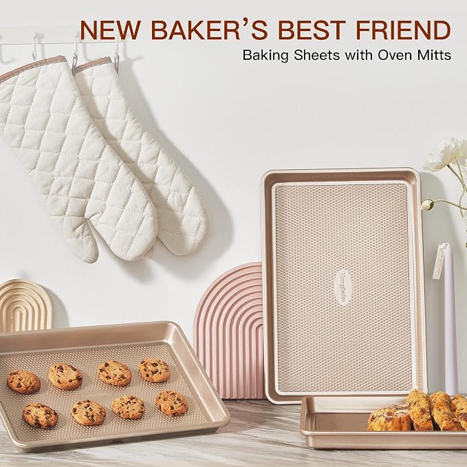 3 Pack Gold Nonstick Baking Sheet Pan Set with Oven Mitts Heat Resistant, Non-Toxic Half/Quarter/Jelly Roll Pans with Diamond Texture Pattern, Heavy Duty 0.8mm Thick Cookie Trays for Cooking