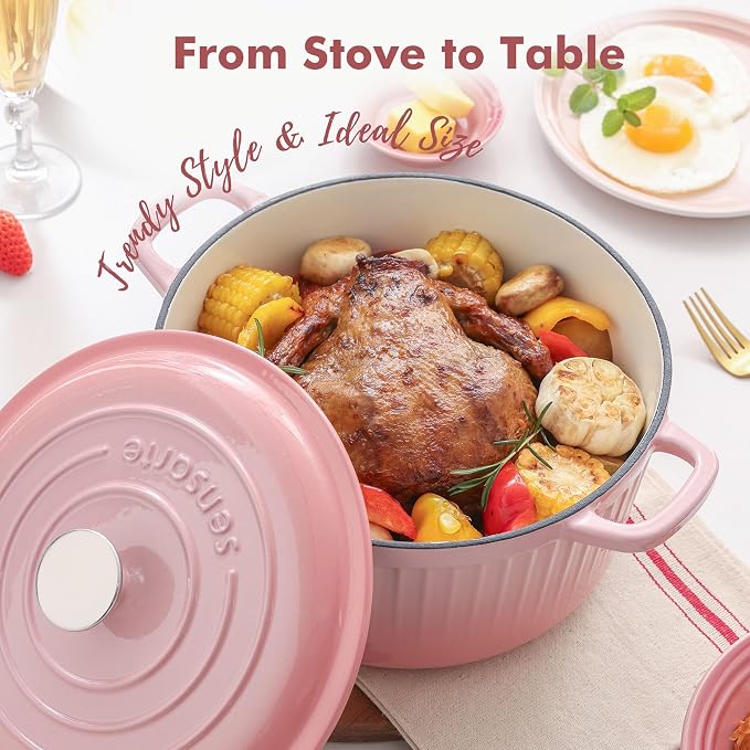 SENSARTE Enameled Cast Iron Dutch Oven Pot with Lid 3.5/5.5/6.5 Quart Heavy-Duty Round Dual Handles Kitchen Pot with Cotton Potholders & Silicone Trivet, Pot for Bread Baking, Stews, Braising, Roasting, Oven Safe, 6.5 Quart, Pink