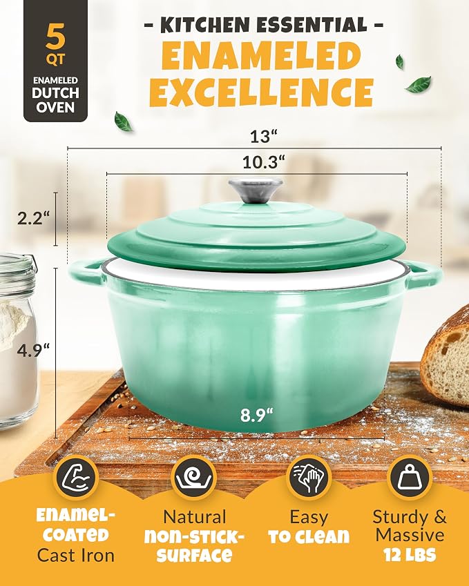 5 QT Cast Iron Bread Oven with Lid for Sourdough Bread Baking Set | Dutch Oven for Sourdough Bread Baking, Enameled Cast Iron, Banneton, Bread Sling, Lame, Dough Whisk & Step-by-Step Guide