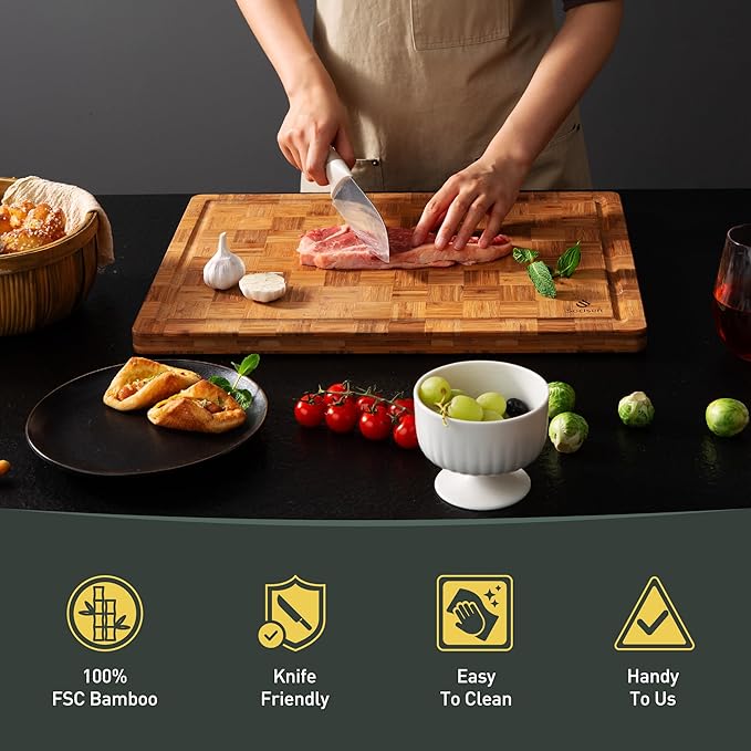 Bamboo Cutting Board 17'' Wood Cutting Boards for Kitchen Wooden Non Toxic | Heavy Duty, Solid & Durable, Juice Groove, Chopping Board, End Grain, Smart Flexible High Rank Stainless Steel Titanium