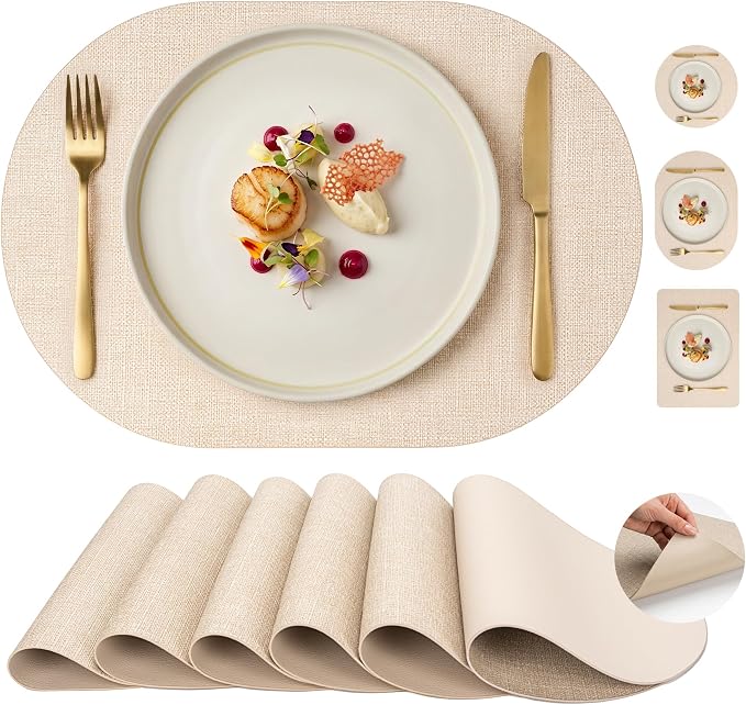 Faux Leather Placemats Set of 6, Wipeable Waterproof Stain Resistant Table Mats, Heat Resistant Thick Placemats with Hand-Painted Edges for Kitchen Dining, Imitative Linen Texture, Various Shapes