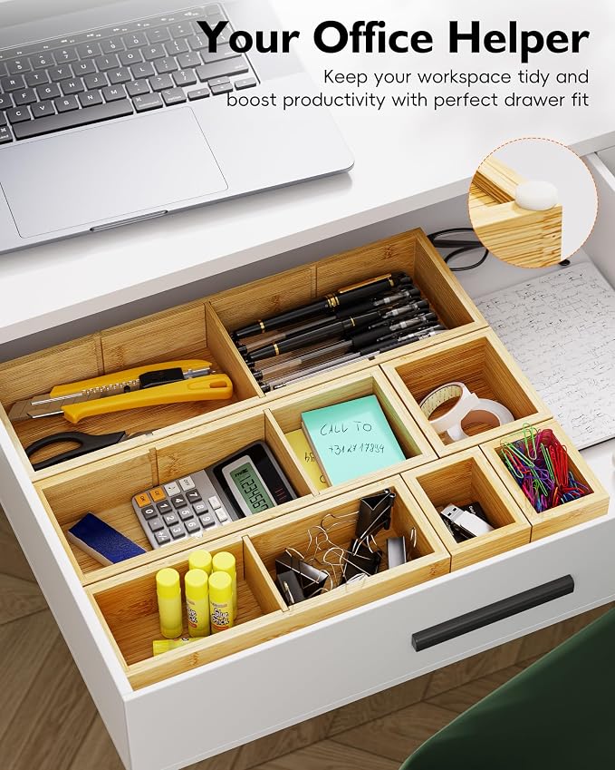 Bamboo Drawer Organizer Set, 6 PCS Trays with 12 Compartments | Natural Bamboo, Flexible Modular Trays, Water-Resistant, Stackable Design, Adjustable, Excellent Organization, Easy to Clean