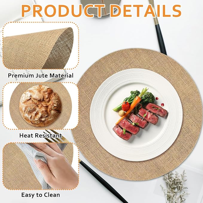 100 Pcs Round Burlap Placemats 11.8 Inch Bulk Burlap Reusable Placemats Circle Brown Table Mats Rustic Table Decorations for Dinner Wedding Farmhouse Table Decor