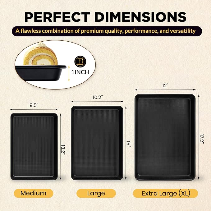 Saker 3-Piece Heavy Duty Carbon Steel Baking Sheets Set Non-Stick | | Cookie Sheets,Oven Safe, Even Heating, for Baking, Roasting, Cooking – Professional Grade (Black)