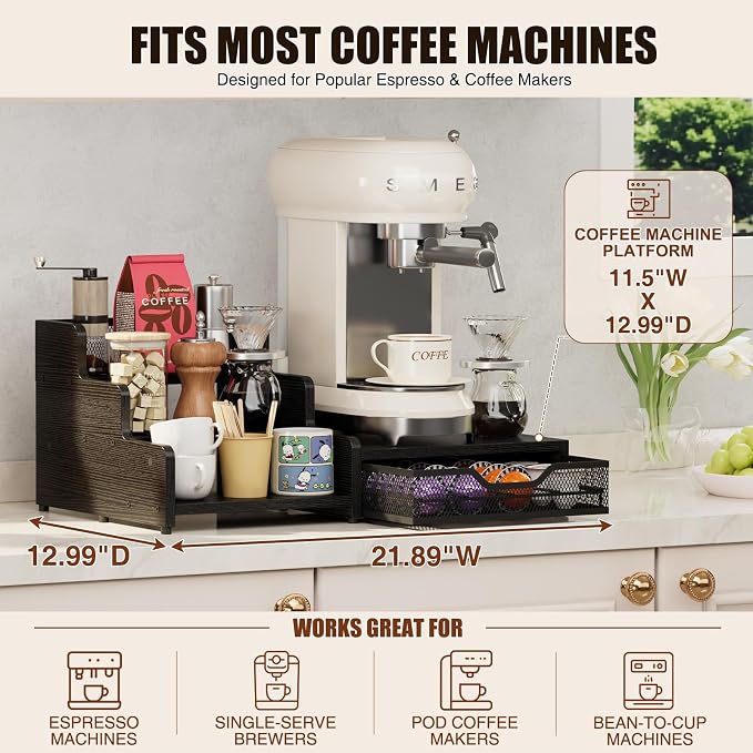 Coffee Station Organizer Compatible with Nespresso Vertuo Pods, Holds 48 Small or 32 Large Pods, 3-Tier Coffee Bar Organizer with K-Cup Holder, Coffee Pod Drawer & Syrup Cups Rack for Accessories