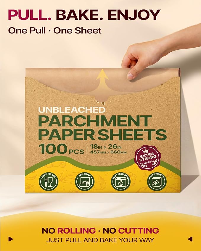 Katbite 100 Pcs Parchment Paper Baking Sheets, 18x26 Inch, Heavy Duty | Unbleached precut Non-Stick full sheet paper, ideal for ovens, cooking, grilling and air fryers