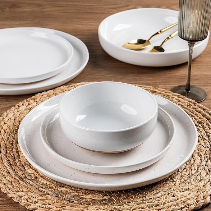 AmorArc Dinnerware Sets for 8, 24 Pieces Ceramic Plates and Bowls Set | Scratch Resistant Stoneware Dishes Set, Dishwasher & Microwave Safe,White