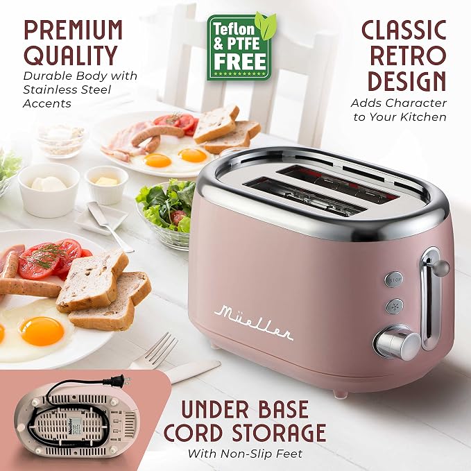 MUELLER HOME Retro Toaster 2 Slice, 7 Browning Levels | 3 Functions (Reheat, Defrost, Cancel), Stainless Steel Features, Removable Crumb Tray, Under Base Cord Storage, Pink