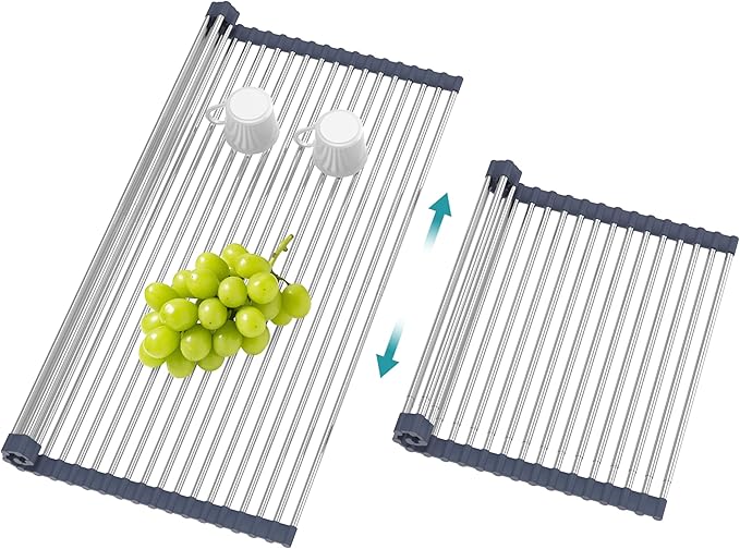 BBXTYLY Extra Large Expandable Roll Up Dish Drying Rack,Over The Sink Drying Rack Sink Cover Kitchen Sink Accessories Kitchen Rolling up Stainless Steel Drainer, Foldable,Rollable（Gray，22.8'-17.3''）