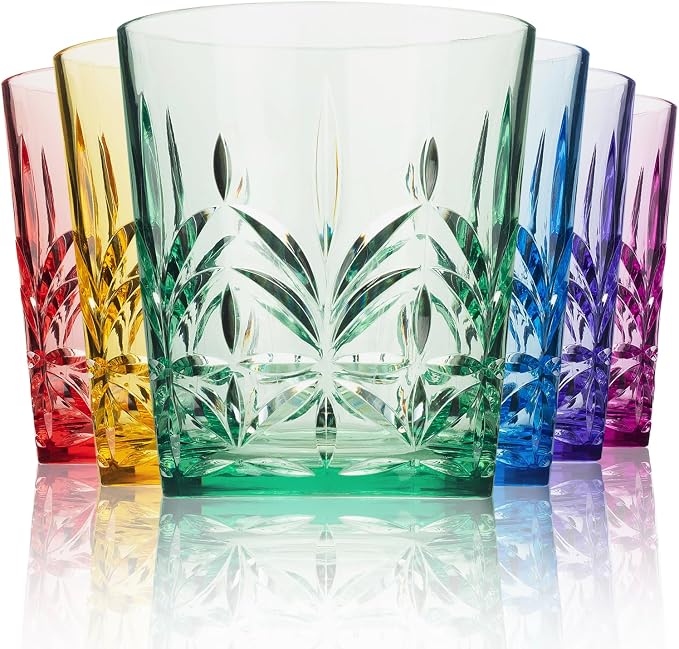 Bravario Royal Plastic Drinking Glasses,13 oz Set of 6, Plastic Cups Reusable Dishwasher Safe, Premium Juice & Water Tumblers for Home Kitchen Pool Party, Great Gift, BPA-Free Durable Mixed Colors