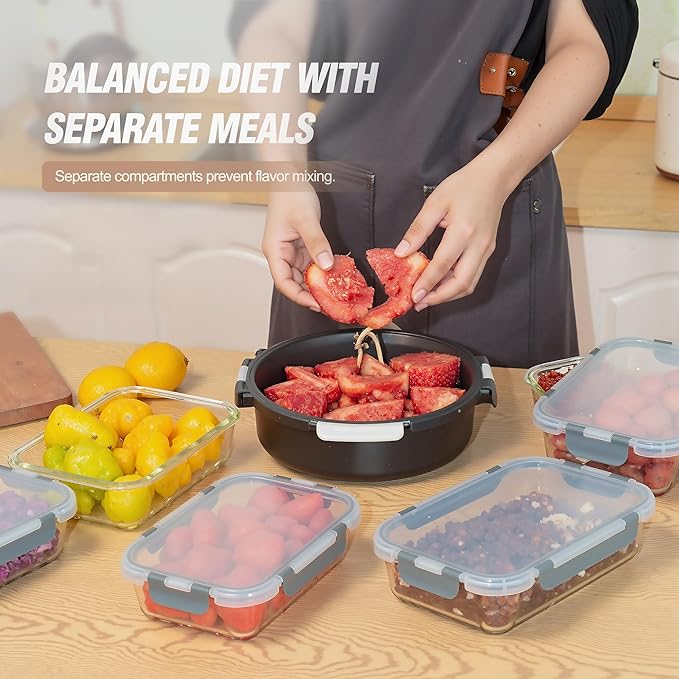 10-Pack Glass Food Storage Container with Lids, Gray | Glass Meal Prep Containers with Lids, Airtight Lunch Bento Boxes,Microwave, Oven, Freezer and Dishwasher Friendly, BPA Free