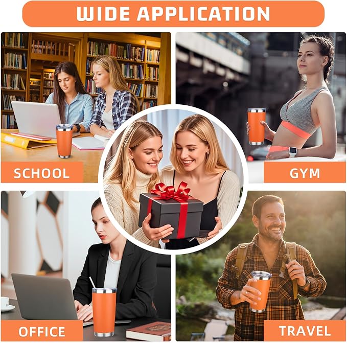 20 oz Tumbler with Lids and Straws, Stainless Steel Insulated Travel Coffee Mug, Double Wall Vacuum Insulated Tumblers, Powder Coated Coffee Tumbler for Cold & Hot Drinks (Orange)