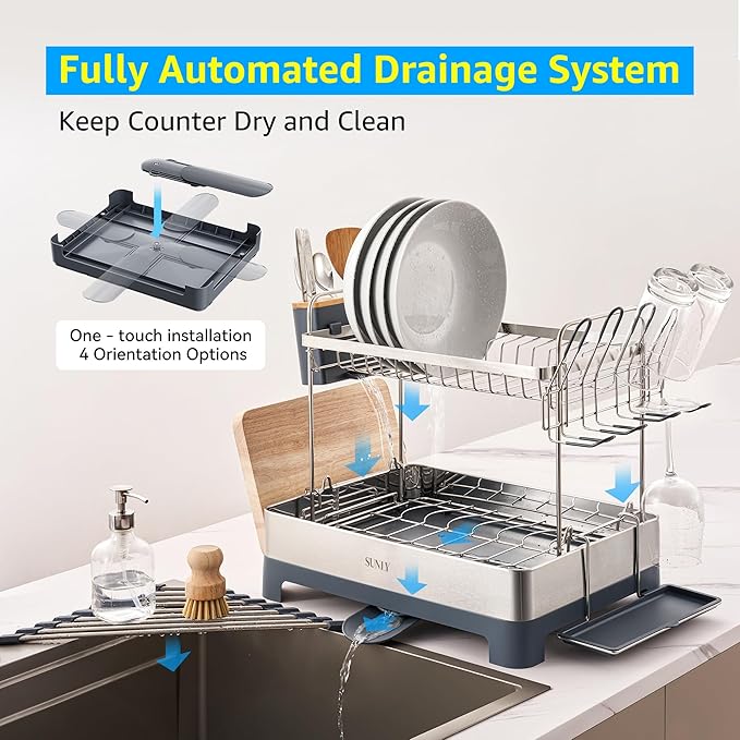 Large Dish Drying Rack, Multipurpose 2 Tier Dish Racks for Kitchen Counter, 304 Stainless, Extra Large Drain Board, Gray