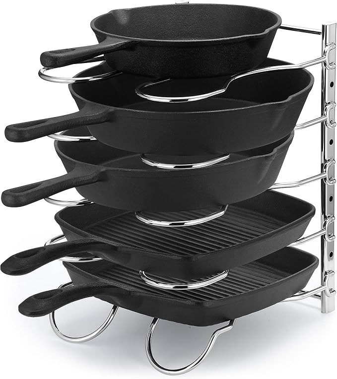 Heavy Duty Pan Rack, Pot Lid Rack, Kitchen Cabinet Pantry Cookware Organizer Rack Holder with 5 Adjustable Dividers, Chrome