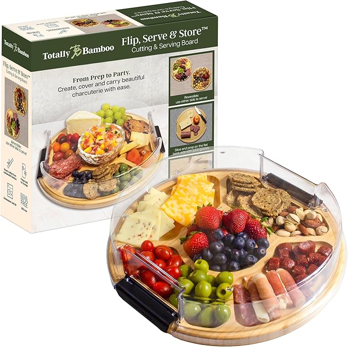 Totally Bamboo Flip, Serve & Store Reversible Charcuterie Board with Lid | Round portable serving board with 5 compartments and locking travel cover. Cutting side includes juice groove for prep.