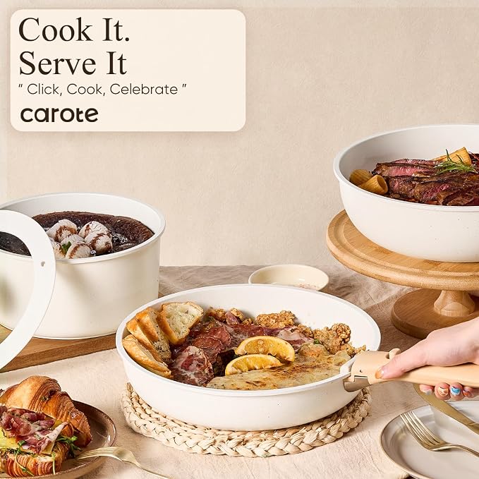 CAROTE 19pcs Pots and Pans Set Non Stick, Cookware Set Detachable Handle | Induction Compatible, Dishwasher & Oven Safe, Space Saving, Camping Cooking Set, Kitchen Set, White