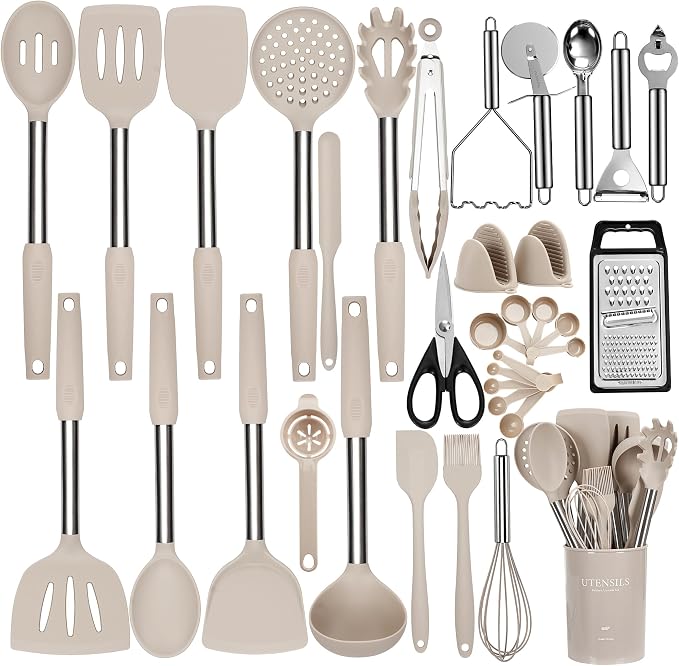 NCUE 35 Pcs Silicone Cooking Utensils Set BPA Free 446°F Heat Resistant | Stainless Steel Handles Kitchen Utensils Set, Thickened Heads Silicone Grips Nonstick Dishwasher Safe for Baking Housewarming