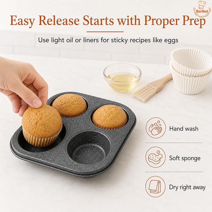 4-Cup Muffin Pan, Air Fryer Toaster Oven Muffin Tin Total 12 Cups | Nonstick Granite Coating Carbon Steel Cupcake Pan Set, Easy Release, Nests Flat for Storage, 3-Pack Muffin Baking Pan