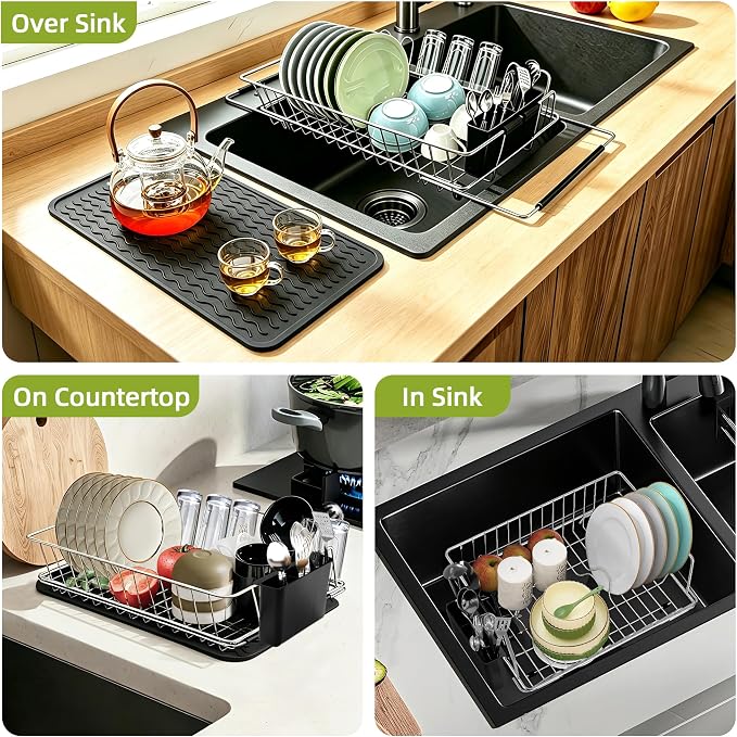in Sink Expandable Dish Drying Rack with Silicone Mat-Extra Large Stainless Steel Dish Drainer Over The Sink with Utensil Holder, Applicable for Sink Width 16'-22' (Silver,23.2'*12.2')