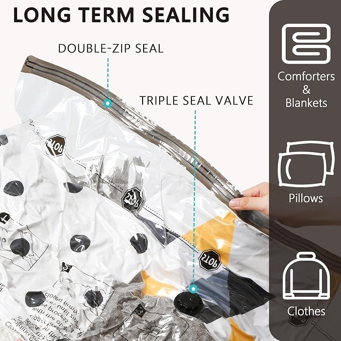 Vacuum Storage Bags, Compression Packing Space Saver Seal Bags for Clothing Bedding Comforters Blankets Pillows, 8 Jumbo