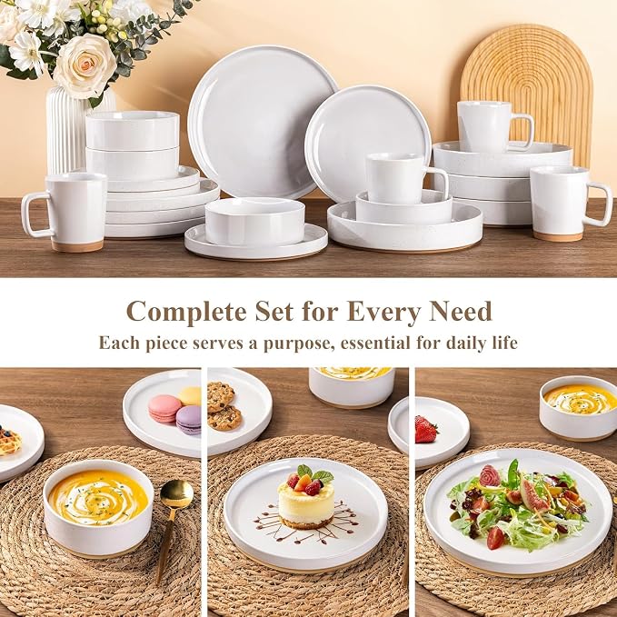AmorArc Stoneware Dinnerware Sets for 8,24Pcs Plates and Bowls Set | Handmade Ceramic Dish Set,Dishwasher & Microwave Safe,Scratch Resistant-White