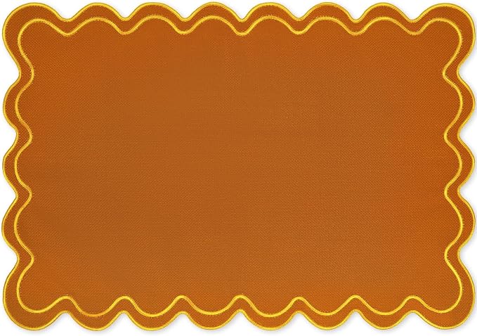 Whaline Orange Yellow Linen Placemats Embroidered Fall Scalloped Kitchen Place Mats for Autumn Birthday Party Home Dining Table Decor, Set of 6, 13 x 19 in