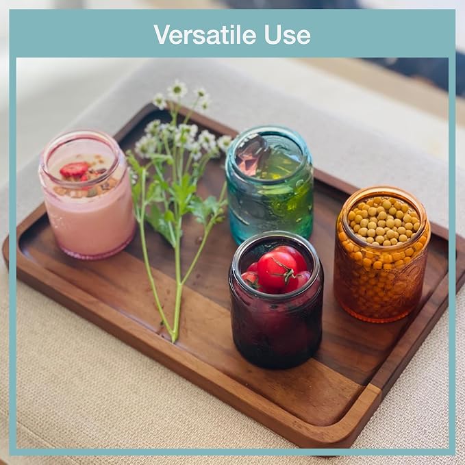 8 oz Decorative Small Glass Jars with Airtight Bamboo Lids, 6 Colors 6 Pack | Vintage embossed color coated containers, kitchen pantry bathroom organization & decor, spices, DIY gifts, candle making