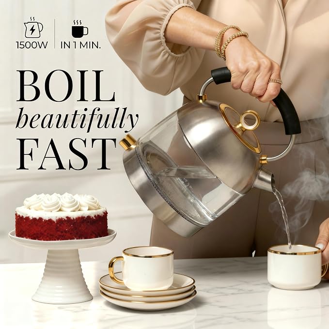 Styled Settings Stainless Steel Electric Kettle with Temperature Control | BPA and Plastic Free Electric Kettle with Keep Warm Function, Borosilicate Glass -1500W Hot Water Boiler with Digital Display