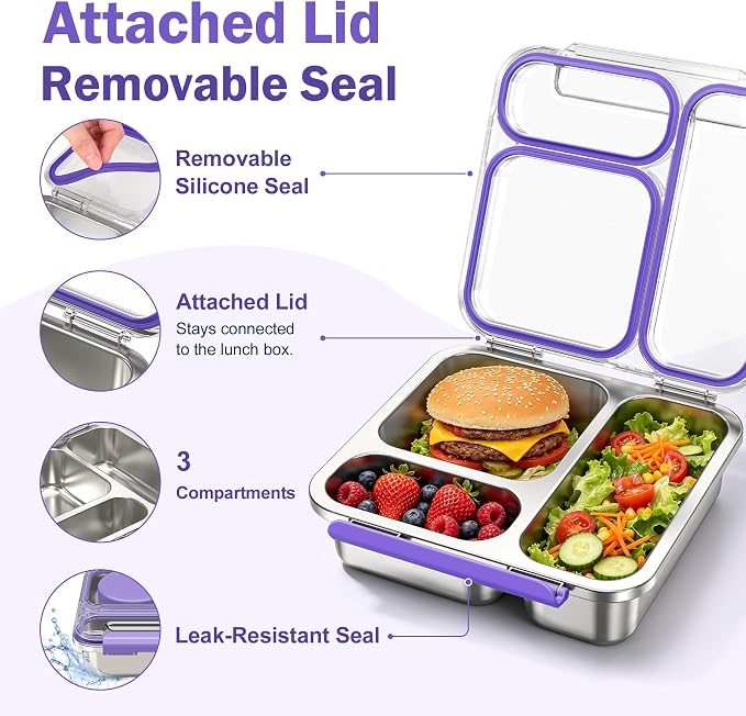 Pawtong Stainless Steel Bento Box Kids Adult with 7oz Insulated Food Jar, Transparent Lid Metal Lunch Box With Soup Thermal Jar, Lunch Box Container with Removable Divider & Sauce Cup School (Purple)