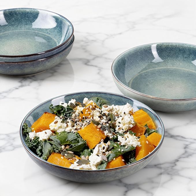 AmorArc 8.5’’ Ceramic Pasta Bowls Set of 4, 36oz Large Stoneware Bowls Set | Large Dinner Serving Bowls Set, Wide Bowl Plate for Pasta,Salad, Soup, Microwave Safe, Reactive Glaze-Ceylon Blue