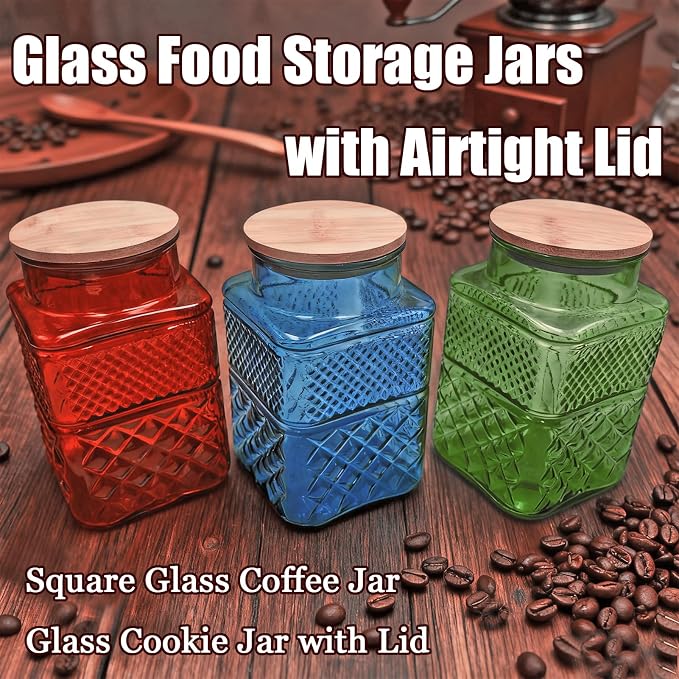 Coriario 60oz Green Glass Jar with Airtight Lid and Spoon Square Glass Jars | Vintage Glass Food Storage Canister Decorative Sugar Coffee Container