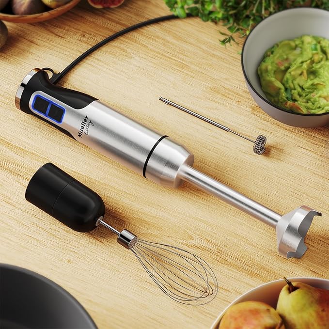 MuellerLiving Ultra-Stick Immersion Hand Blender, 500W Heavy Duty Motor, 8-Speed Turbo Setting, Includes Blending Shaft, Whisk, Milk Frother & Measuring Beaker | 500W Heavy Duty Motor | 8-Speed Turbo Setting | Includes Blending Shaft, Whisk, Milk Froth...