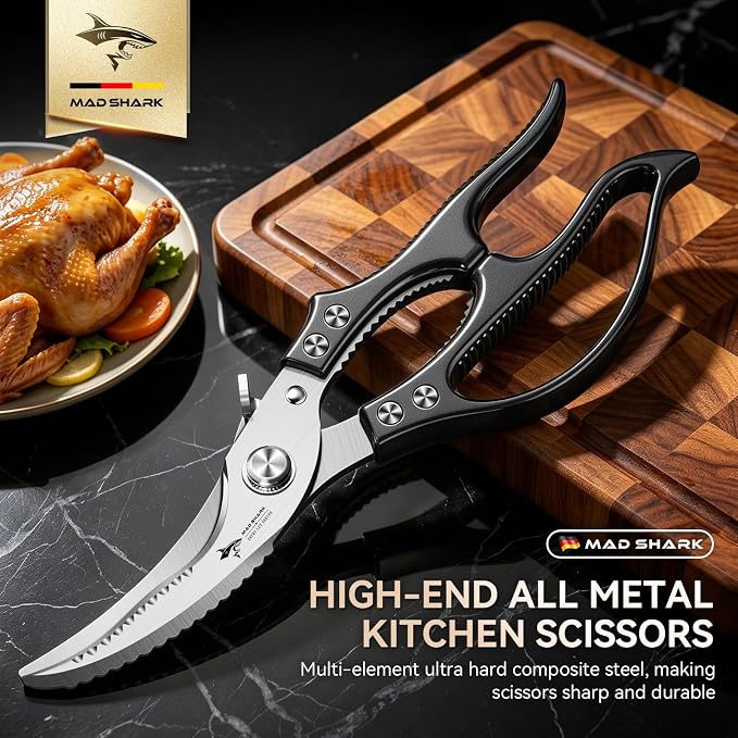 MAD SHARK Heavy Duty Poultry Shears,Spring Loaded Butterfly Meat Scissors | Non-Slip Handle Kitchen Shears, Safety Lock, All Purpose Kitchen Scissors for Chicken, Meat Cutting, Turkey, Fish, Vegetables