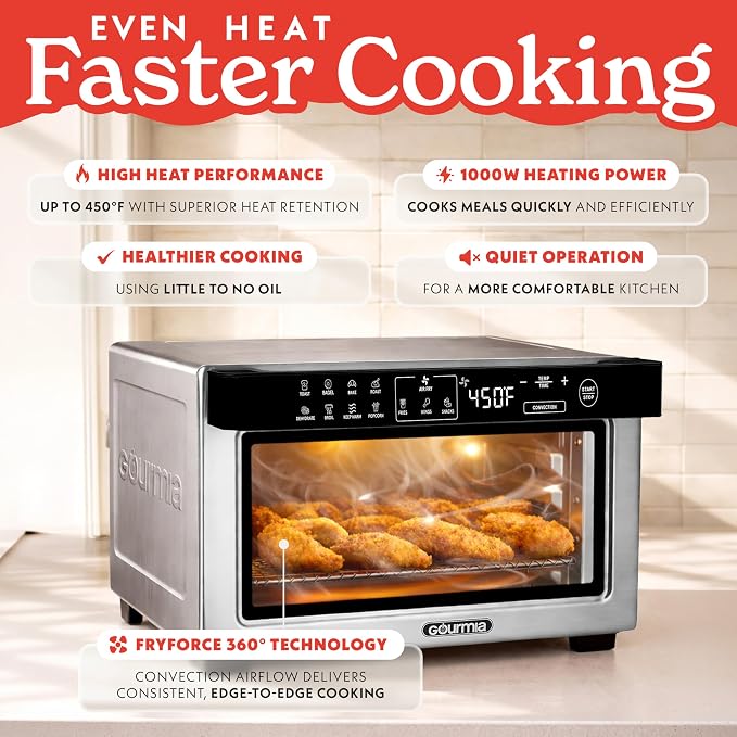 Gourmia Toaster Oven Air Fryer - 4 Slice Capacity, Single Door, Digital Display, Air Fry, Toast & Dehydrate, Convection Cooking, Fits 8” Pizza, 3 Rack Positions, Dishwasher-Safe Trays, Stainless Steel
