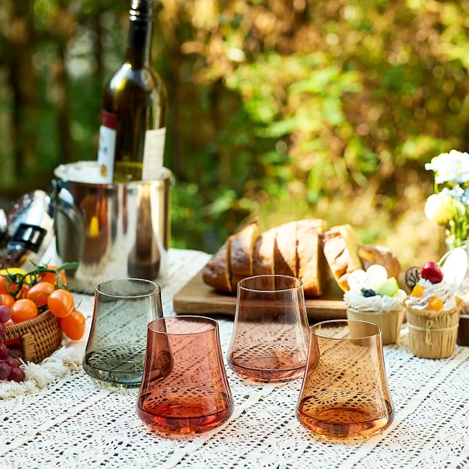 Crystal Colored Stemless Wine Glasses Brown Fall, 15oz Set of 4 | 4 Colorful No Stem Wine Glass, Hand Blown Lead-free, Tapered Rim, Stable Base, Autumn Winter Dinner Daily Use, Ready to Gift