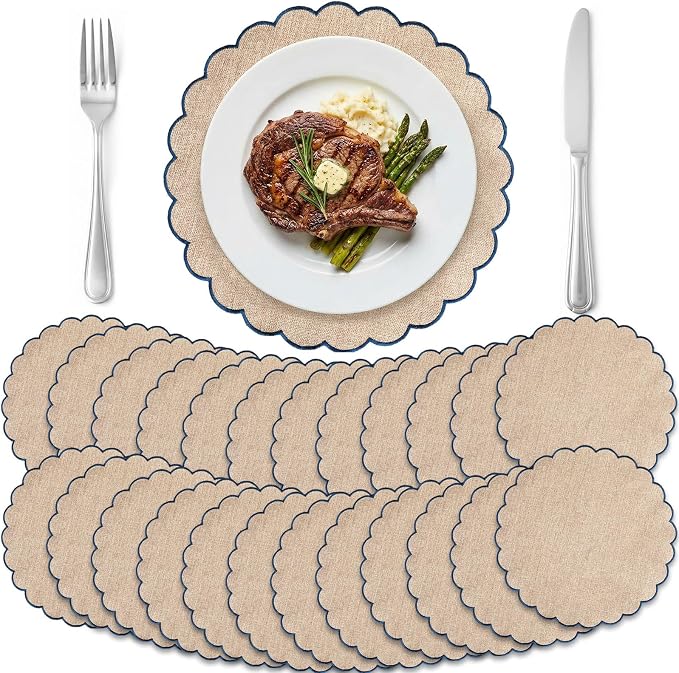 Set of 24 Linen Boho Cotton Placemats 15" Round Scalloped Blue | Double Layered Cotton Fabric, Washable Embroidery, Blue Edge Edge, Rustic Table Mats for Wedding Dining Table Decor
