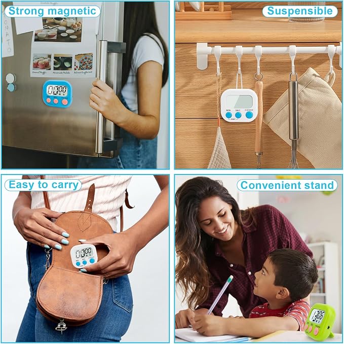 6 Pack Digital Kitchen Timer Multi-Function Magnetic Timers Classroom Timer for Kids Loud Alarm Big LCD Display Electronic Timers for Cooking, Classroom, Exercise, Study, Meeting(Blue, Green, White)
