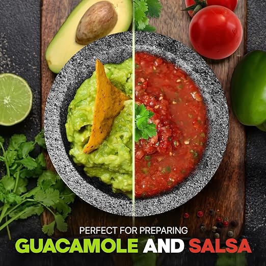Granite Mortar and Pestle Set 8-Inch (3.5-Cup), Molcajete, Grey | 100% Granite, Avocado Tool Included, Molcajete Mexicano, for Guacamole, Spices, Herbs & Pesto, Premium Kitchen Gift