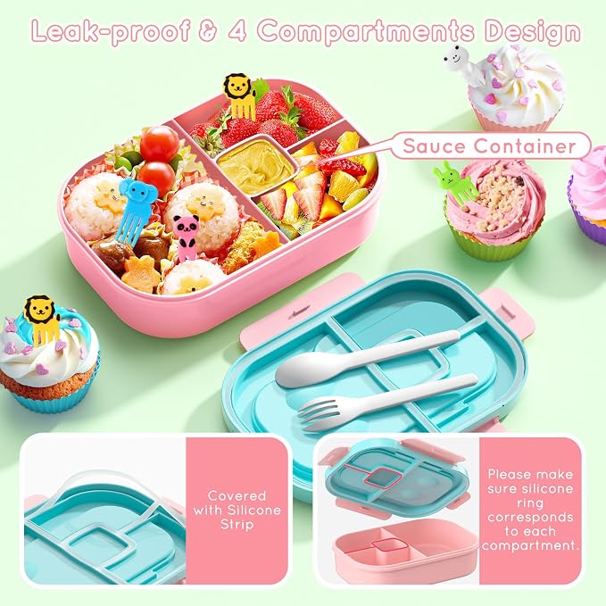 Lunch Box Kid Adult Bento Box, 4-Compartment Food Lunch Containers with Fork & Spoon, BPA Free, Leak-Proof Bento-Style Lunch Box for Work School, Microwave & Dishwasher Safe (Candy)