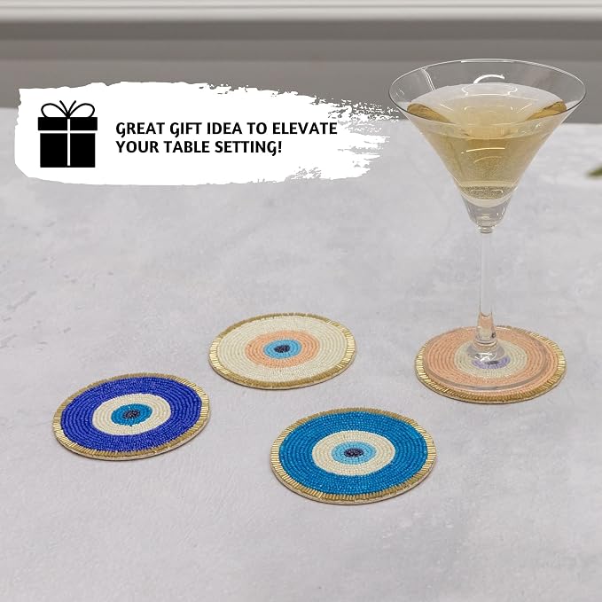 Folkulture Cute Coasters Set of 4 for Drink, Boho Table Decor & Party Décor | Evil Eye Beaded Handmade Round Drink Coasters for Coffee Table & Bar, Hand-Crafted Cute Coasters Housewarming Gifts