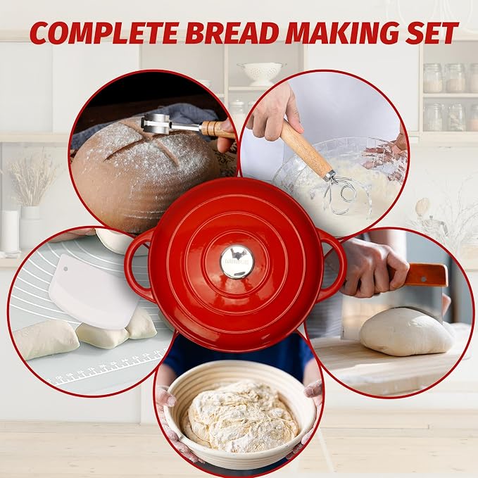 5QT Enameled Cast Iron Dutch Oven for Bread Baking with Lid, Sourdough Baking Supplies with Proofing Basket, Bread Making Tools Set, Heavy-Duty Cookware for Braising, Stews, Roasting(Red)
