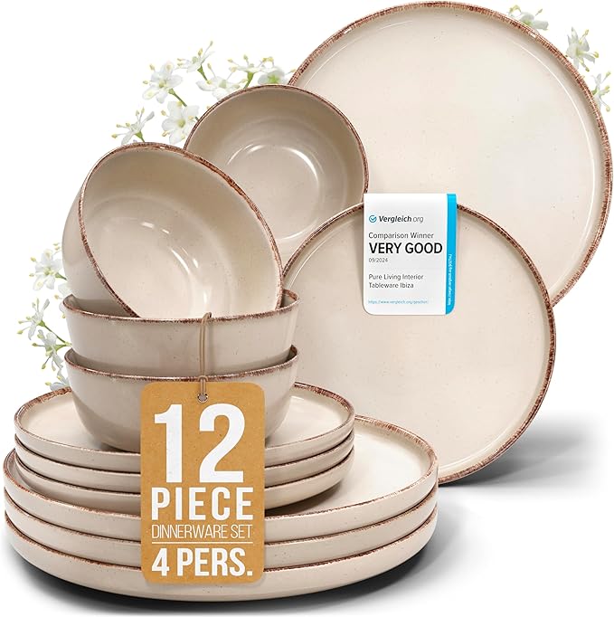 12 Piece Stoneware Dinnerware Set for 4 - Handmade Reactive Glaze Plates and Bowls Set - Chip & Scratch Resistant Dish Set - Dishwasher Microwave Safe - Rustic Beige